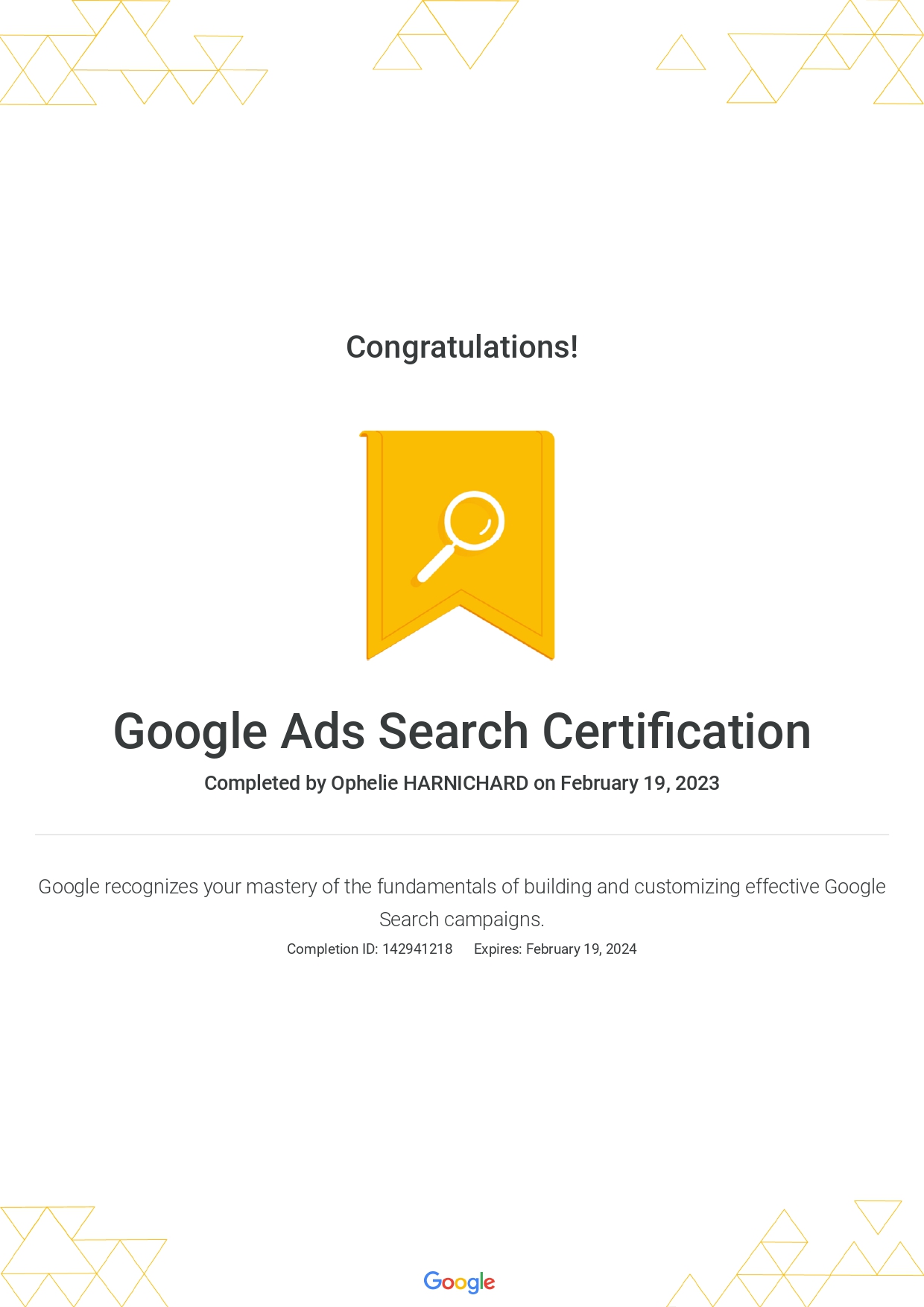 Google Ads Paid Search Zertifikat 2023 Ophelie Harnichard